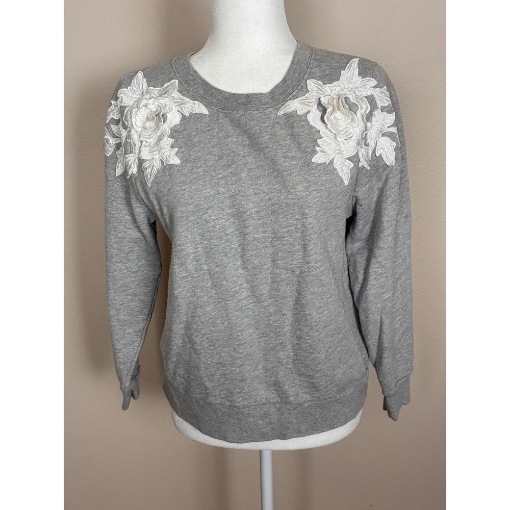 J.Crew Women Heather Gray Floral Lace Embroidered Cotton Sweatshirt Size Medium